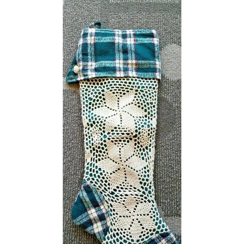 Lovely Beige Crochet Lace Doily Christmas Stocking Green Plaid 23